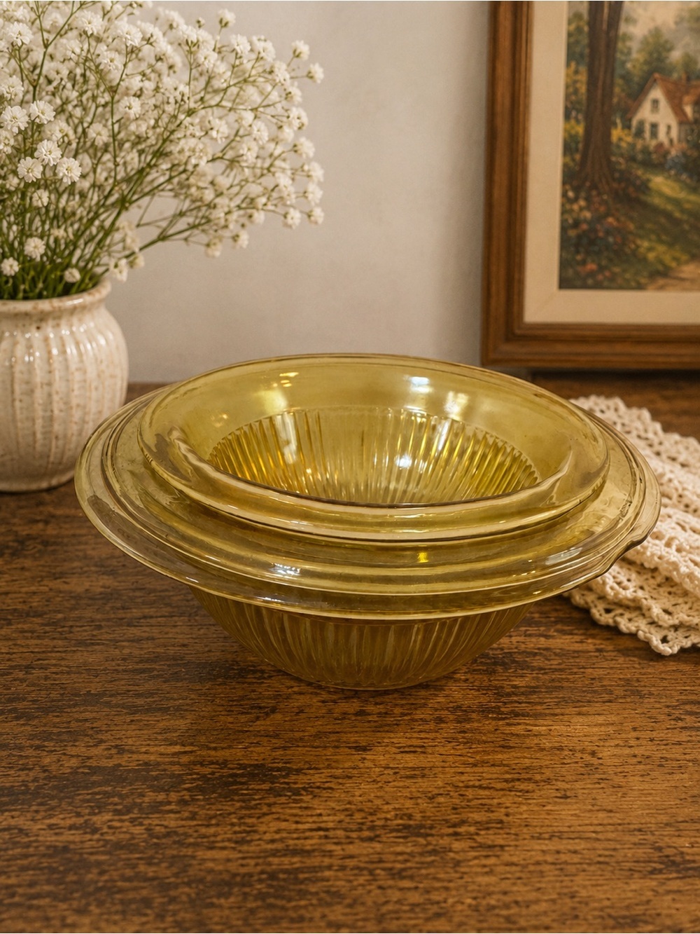 Vintage Amber Glass Dessert Bowls Set of 3 | Ribbed Glass Serving Bowls